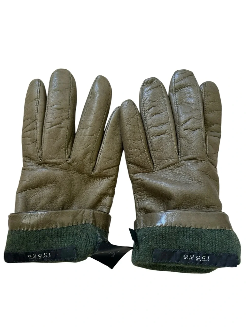 Gucci Olive Green Leather Cashmere Lined Interlocking G Charm Gloves Size 7.5